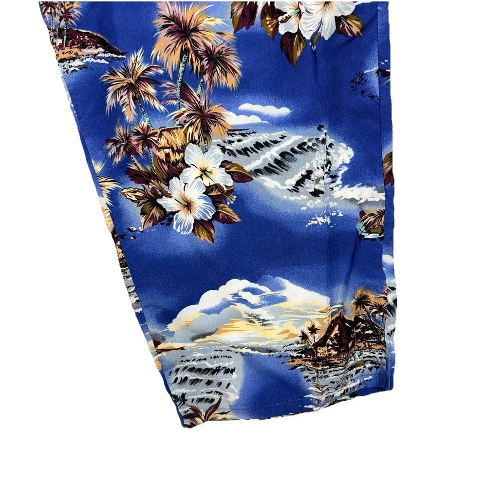 Vintage Hilo Hattie Hawaiian Capri Pants Women's L Blue Tropical Island Zip